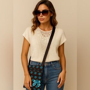 Playful Chic Polka Dot Crossbody – Brown & Teal Zip Bag with Bow Detail